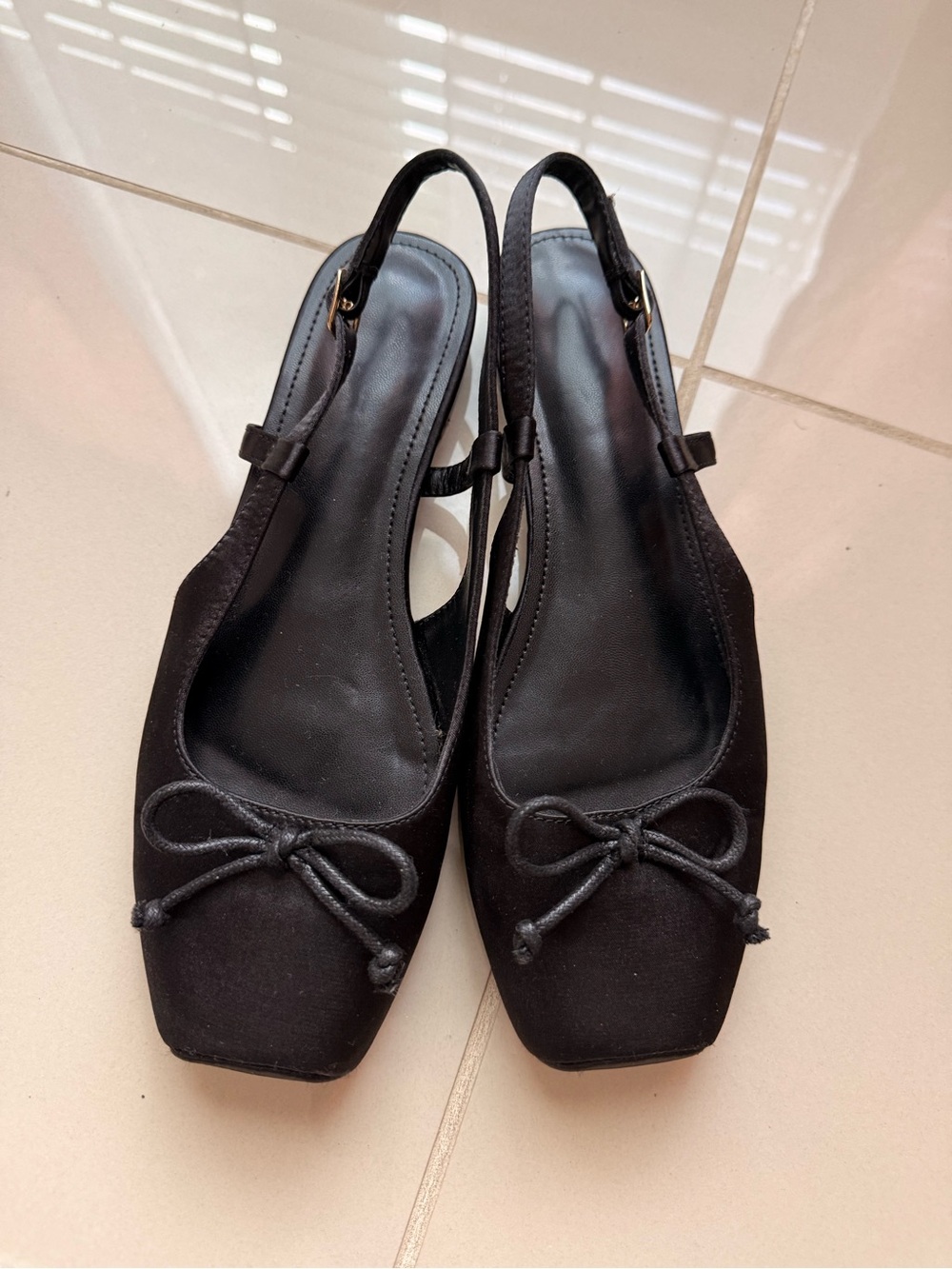 Black Satin Square-Toe Slingback Ballet Flats – Size 8